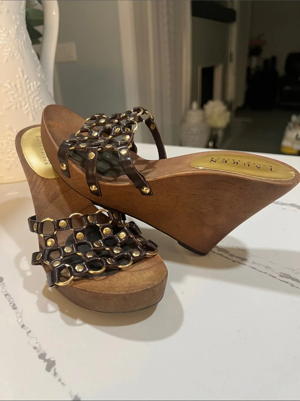 Lauren Ralph Lauren Brown Studded Wedge Sandals